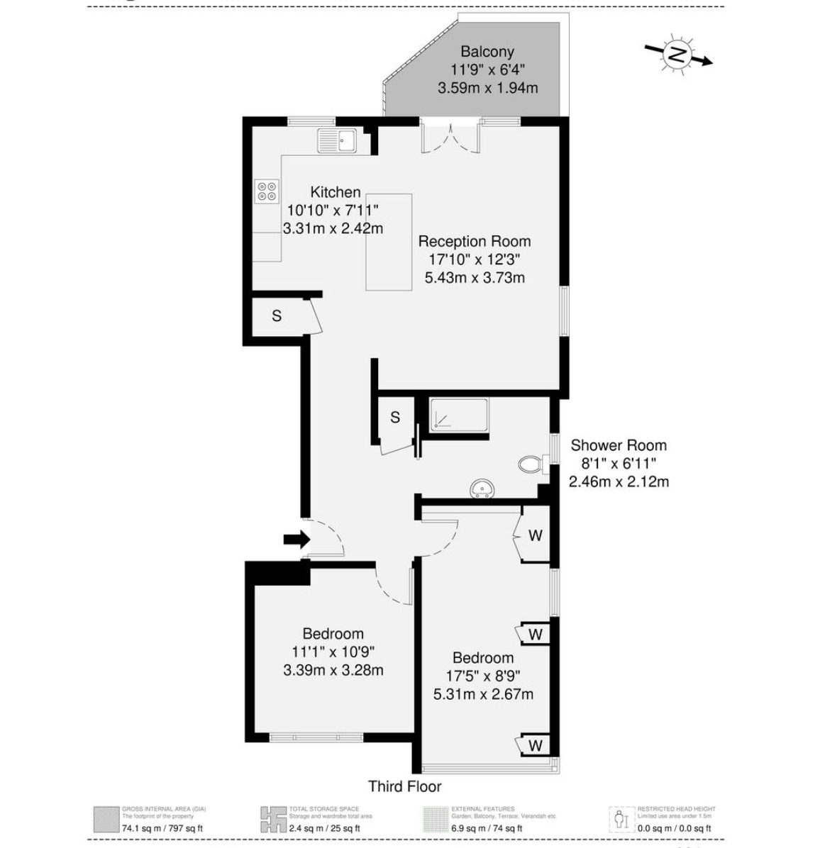 Floor plan showing a third-floor two-bedroom apartment with balcony, open-plan kitchen and reception room, shower room and storage