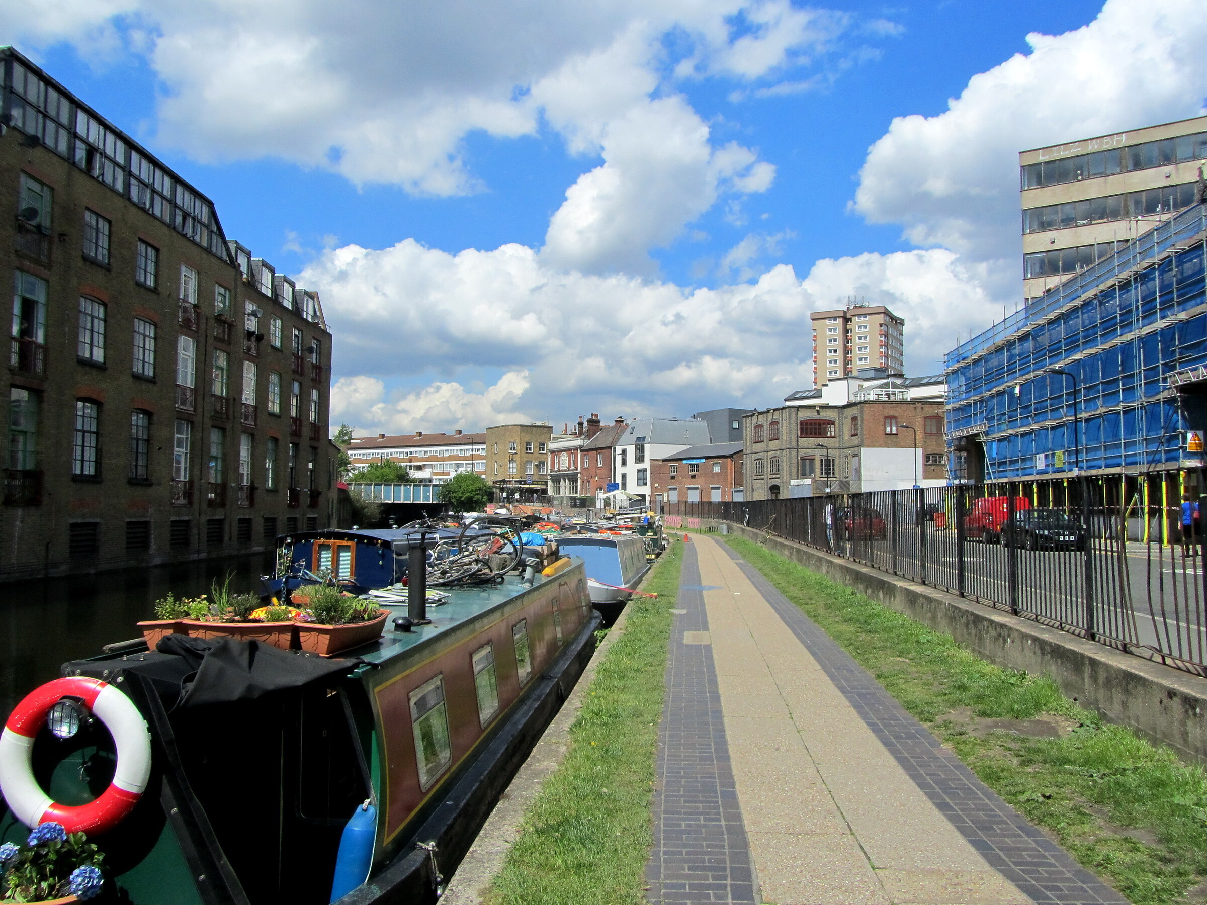 Regent's Canal approaching Broadway Market with a narrowboat
